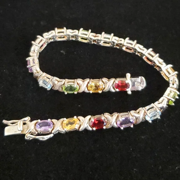 925 Sterling Silver Multi Gemstone Tennis Bracelet  Overtone Vintage - Picture 11 of 15